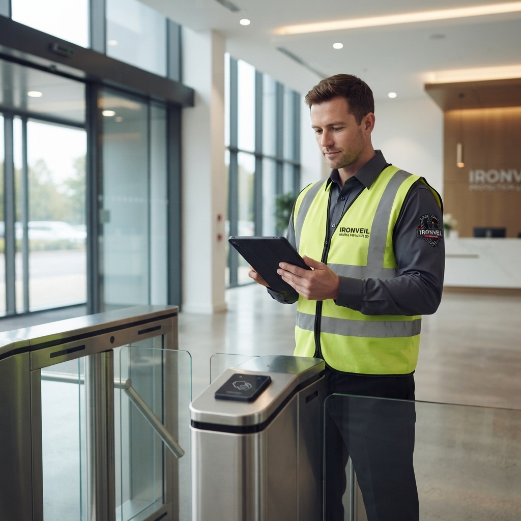 Ironveil officer controlling access at a building entrance turnstile