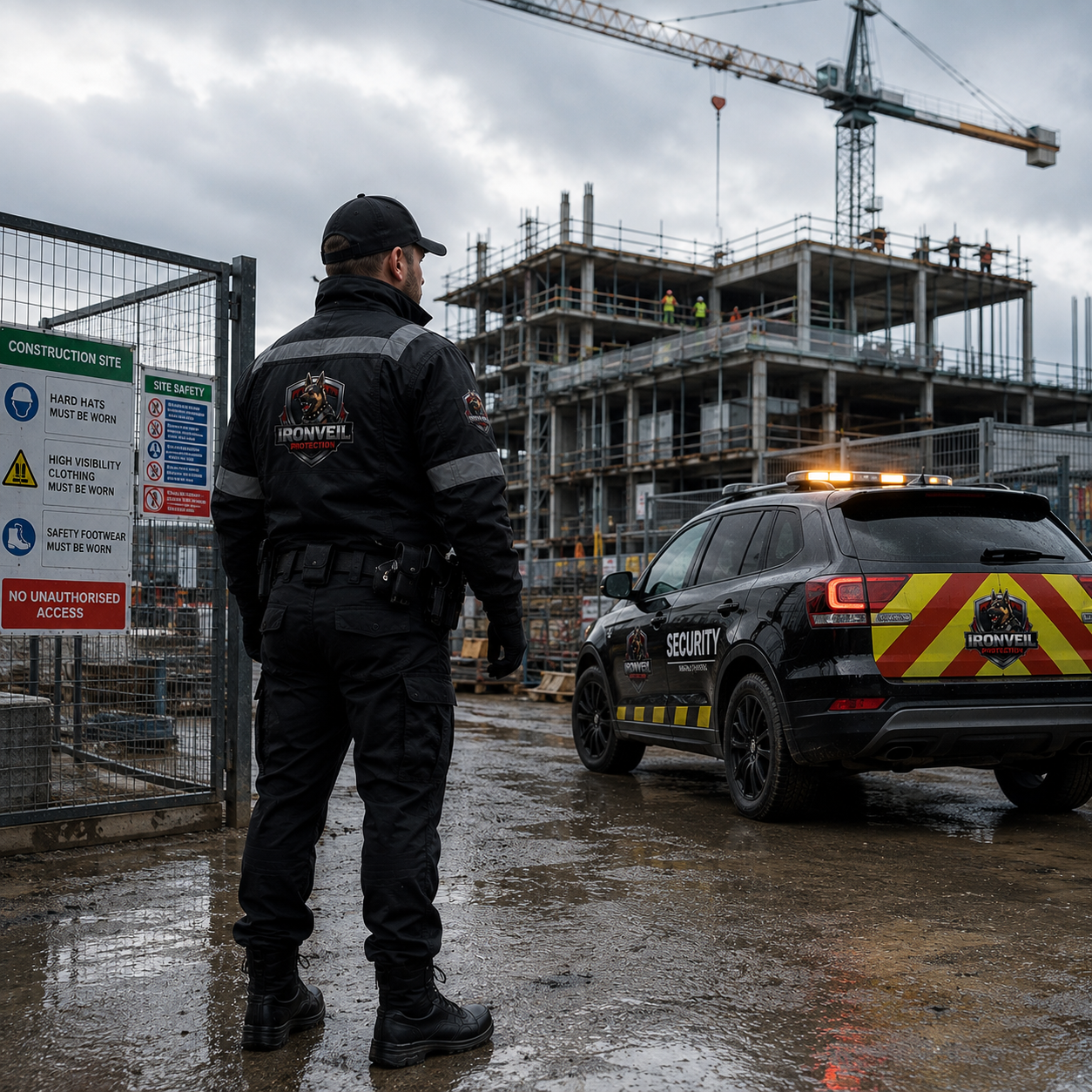 Ironveil officer and marked patrol vehicle guarding a construction site