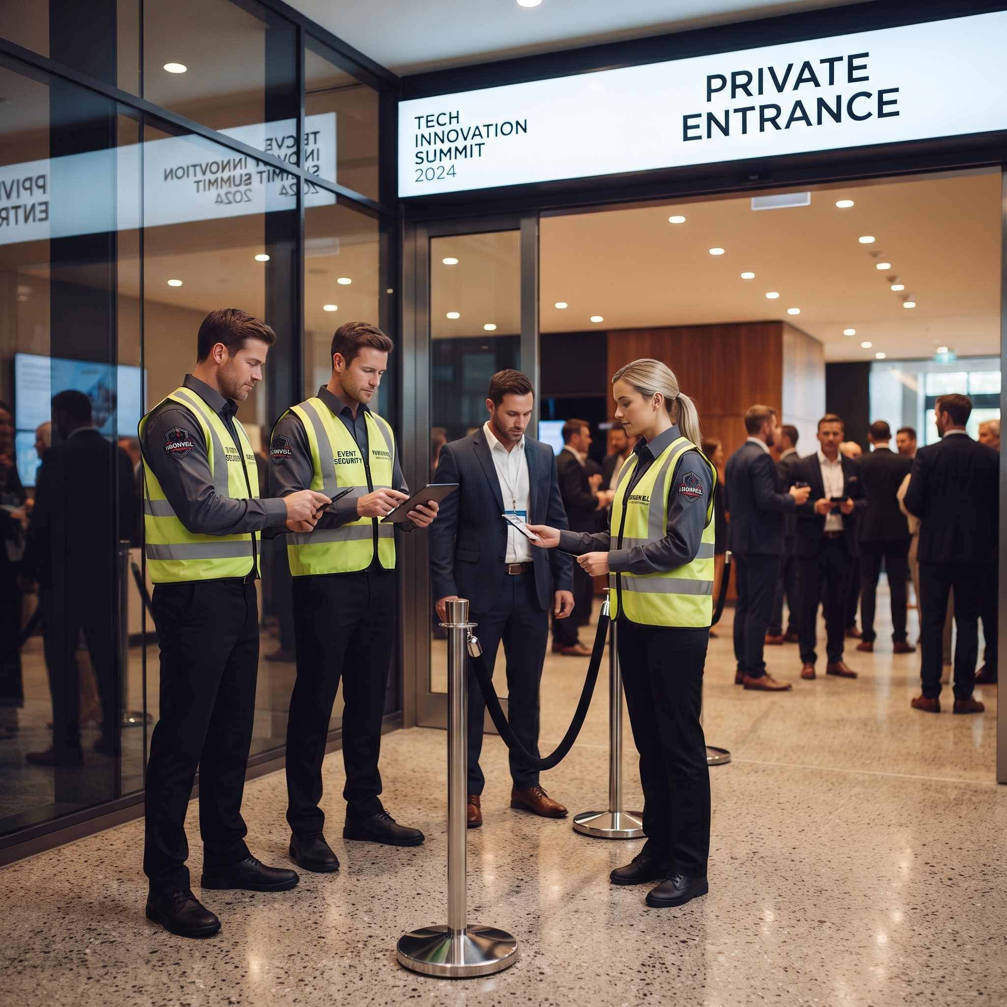 Ironveil event security team checking accreditation at a private entrance