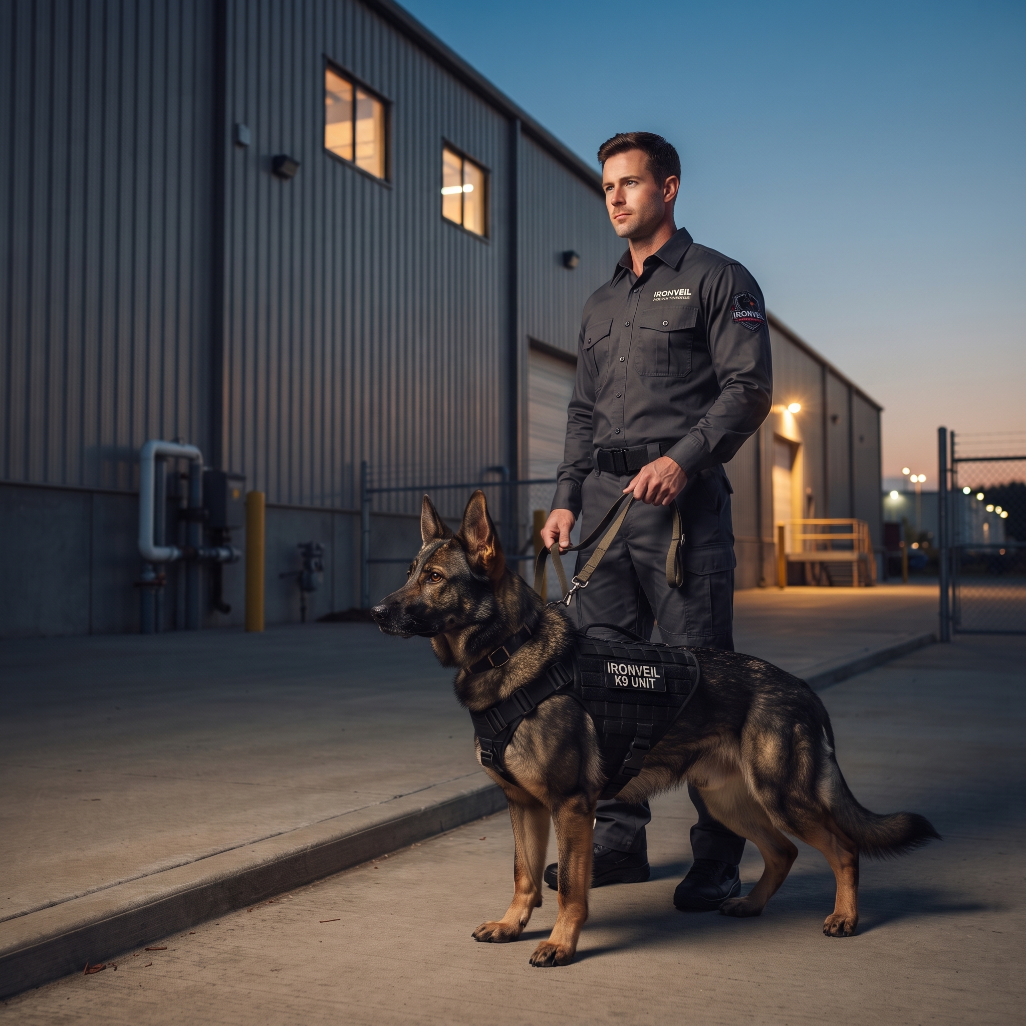Ironveil K9 handler patrolling a warehouse perimeter with a security dog