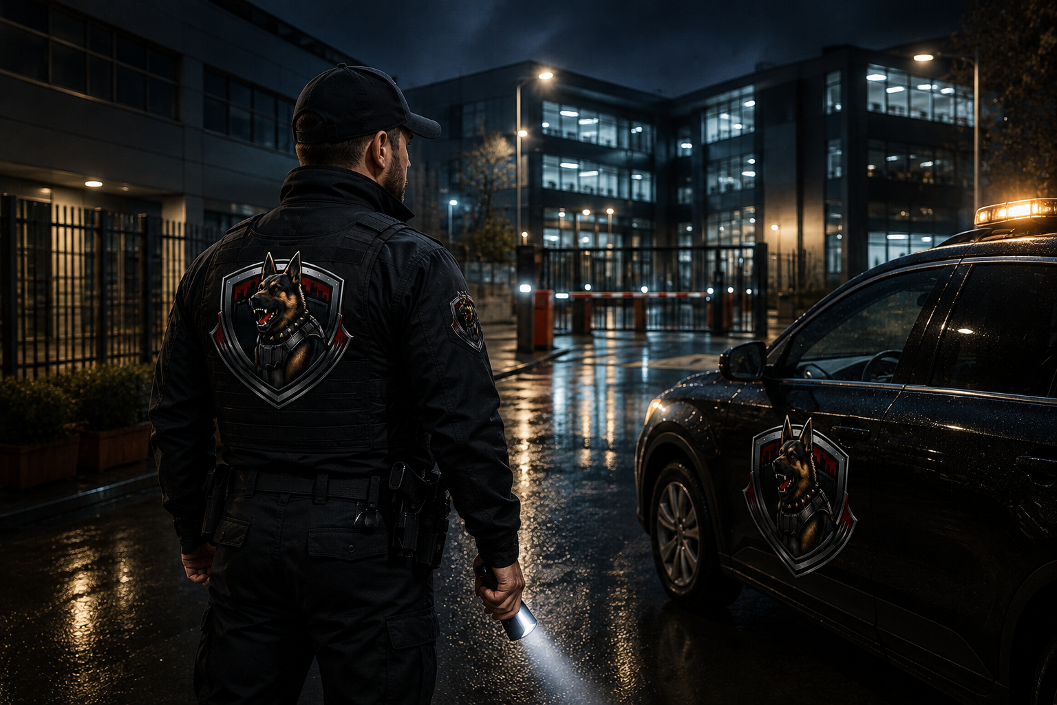 Ironveil officer and patrol vehicle at a commercial site gate at night