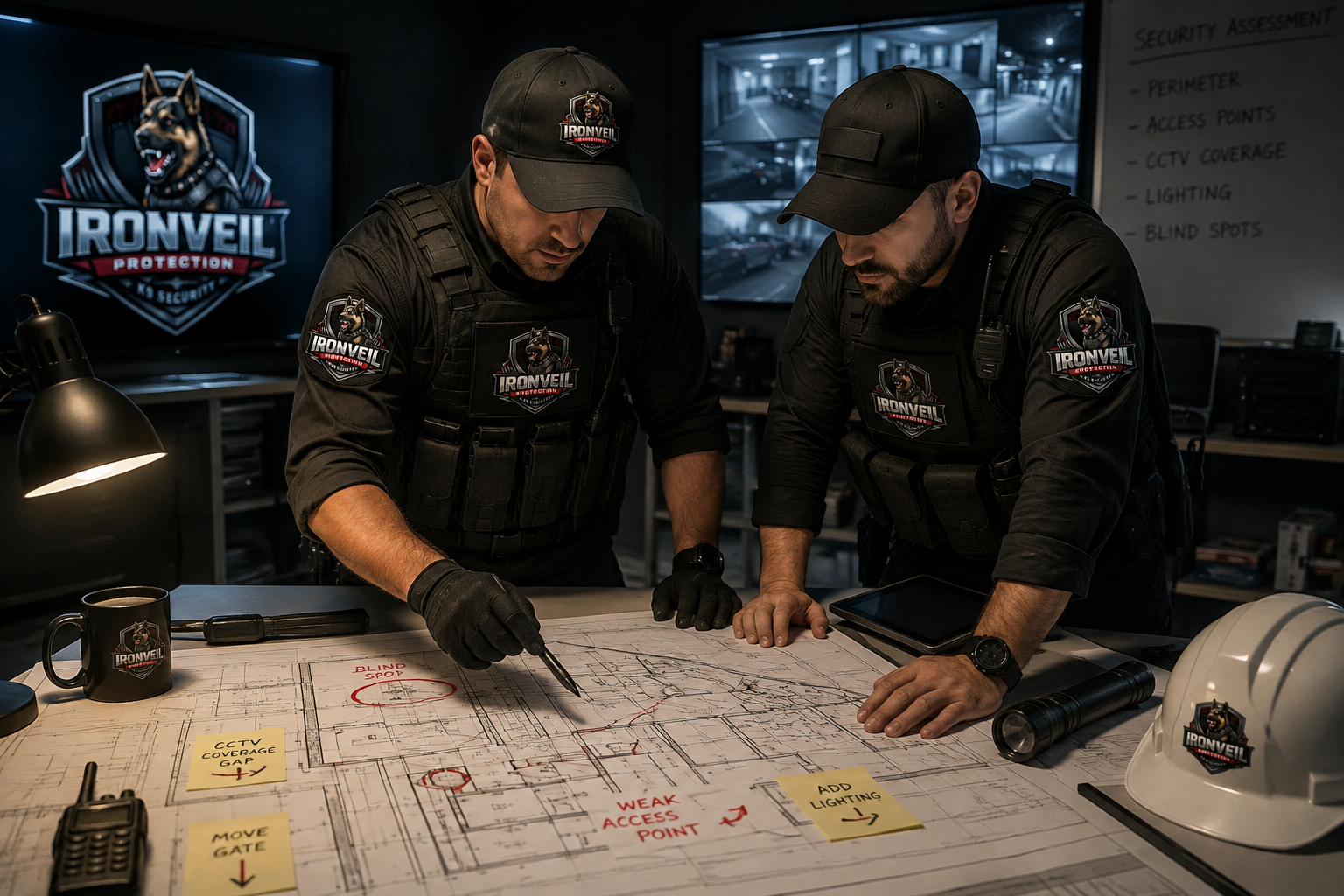 Ironveil supervisors marking blind spots and access points on a site plan