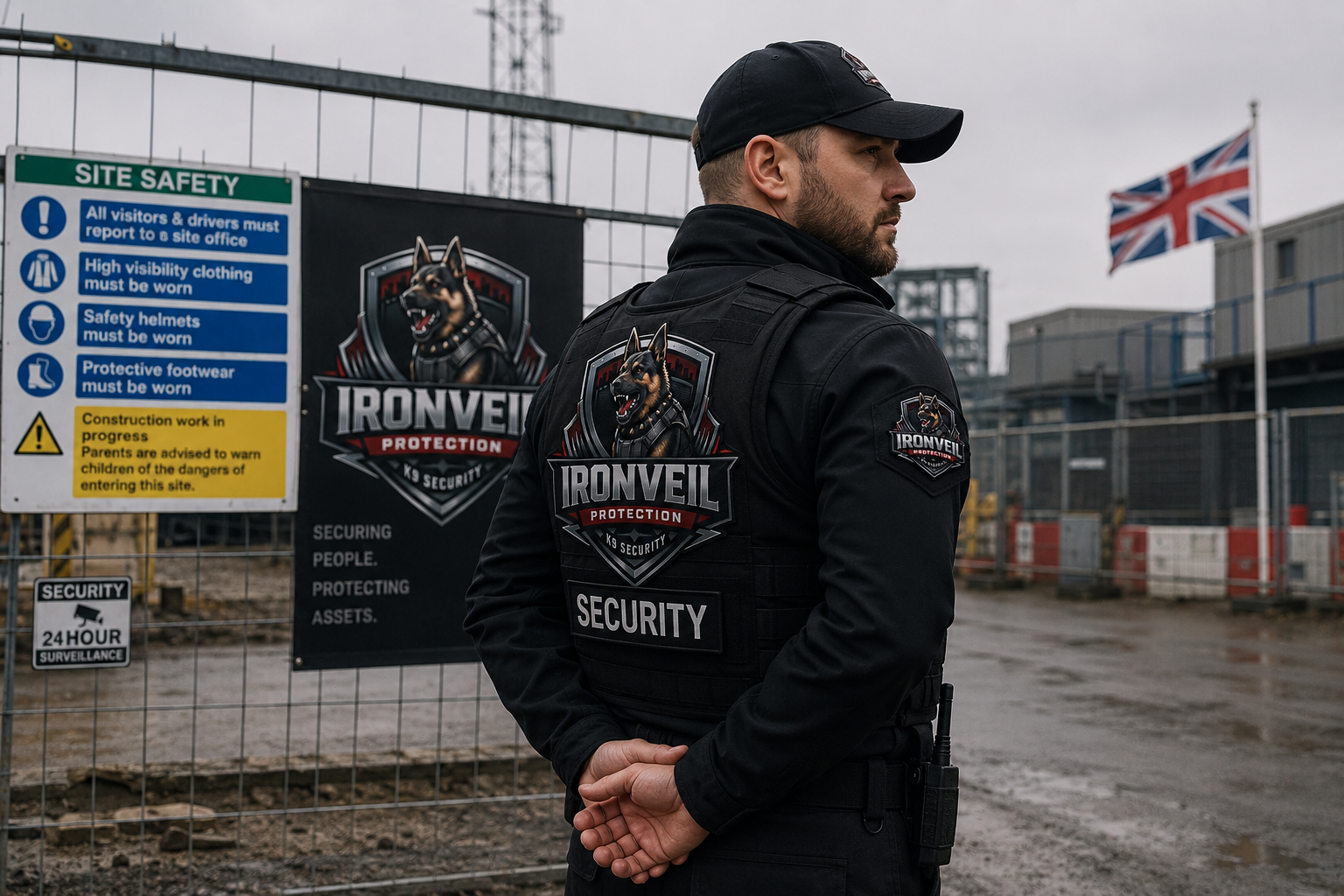 SIA licensed static security officer on duty at a construction site gate